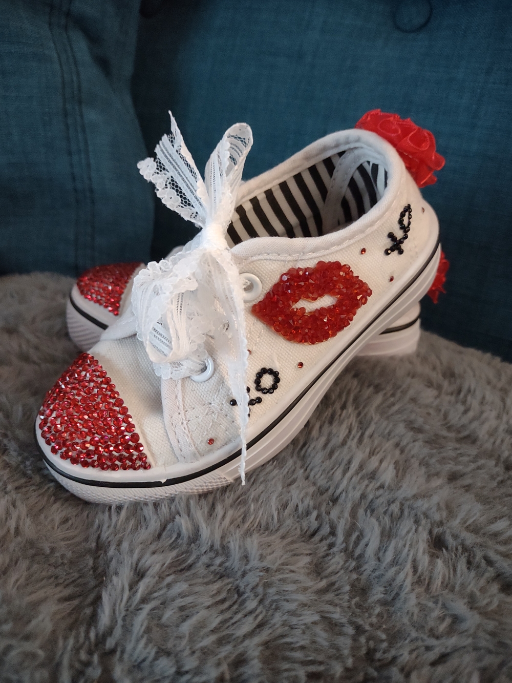 Handmade Lace-Up Sneakers with Red Crystal Accents ❤️💋
